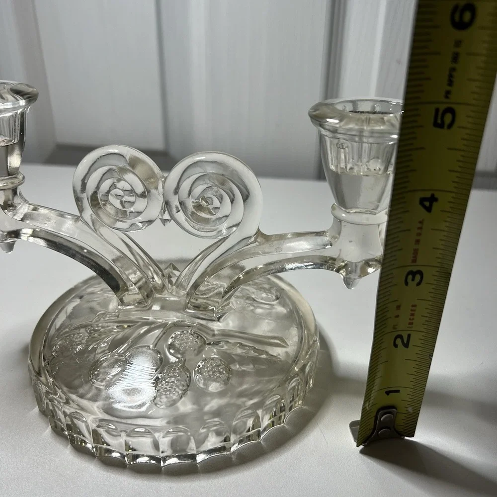 Vintage Jeannette Glass Cosmos Double‎ Candlestick Holder Berry Pattern Base